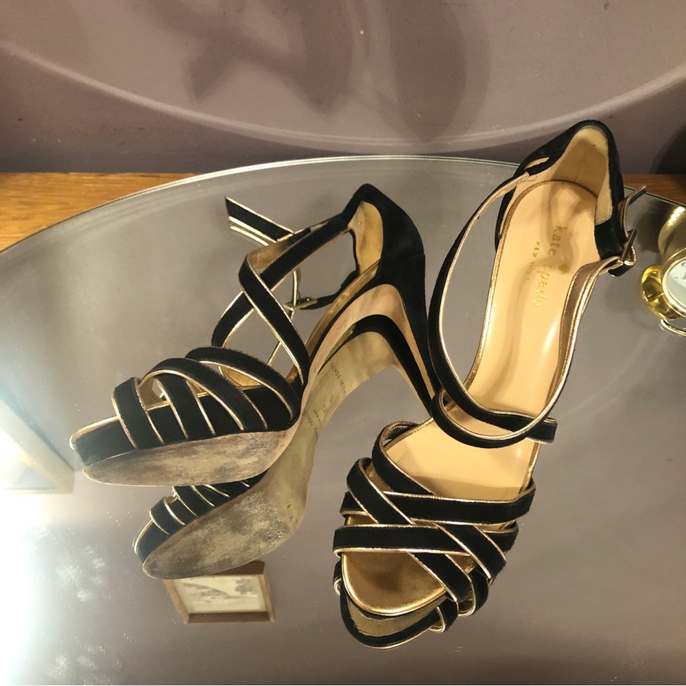 KATE SPADE ♠️ Ginger Black Gold Strappy Sandals Heels Platform Made in Italy 7.5 - Picture 3 of 4